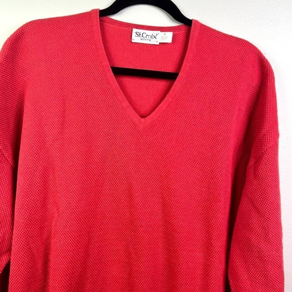 St. Croix Crystal Stitch High V-neck Pullover Red Medium Vintage - Picture 2 of 6